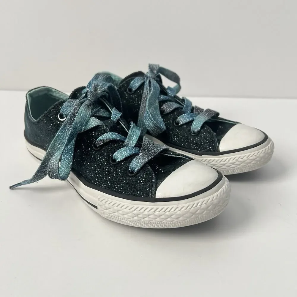 Converse All Star Double Tongue Lace Sneakers Black Blue Sparkle Junior Girl 2